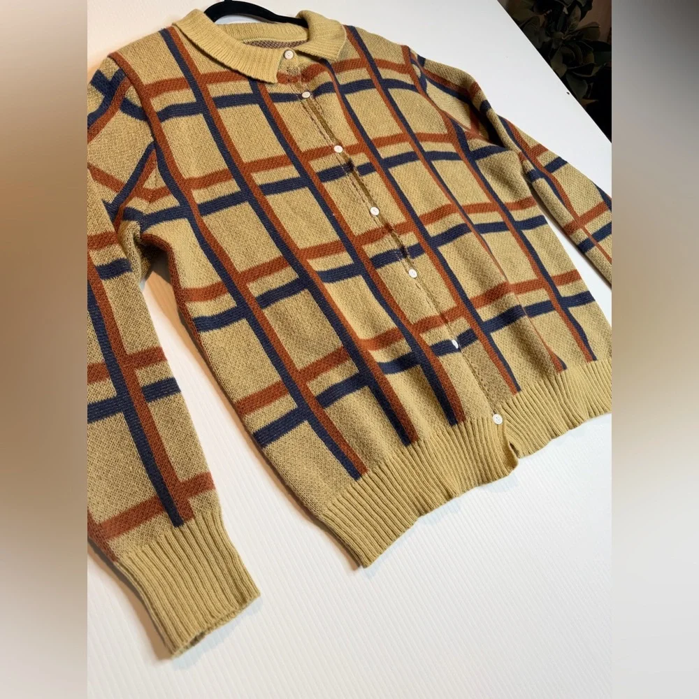 Vintage Grandpa Style Cardigan Sweater Beige Blue Rust Grid Button Front-XL